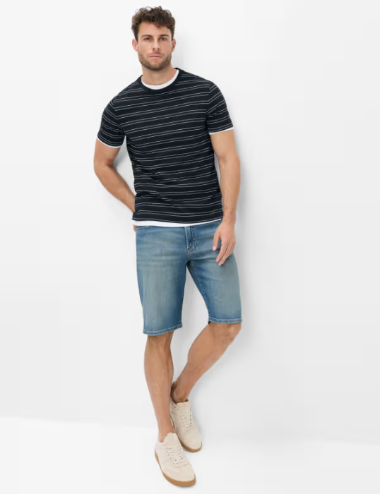 Tricou bumbac texturat O Neck barbati BRAX TJADE bleumarin dungi [4]