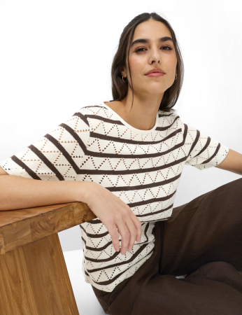 Bluza bumbac tricotat guler rotund gemei BRAX CIRA S  crem/maro dungi [5]