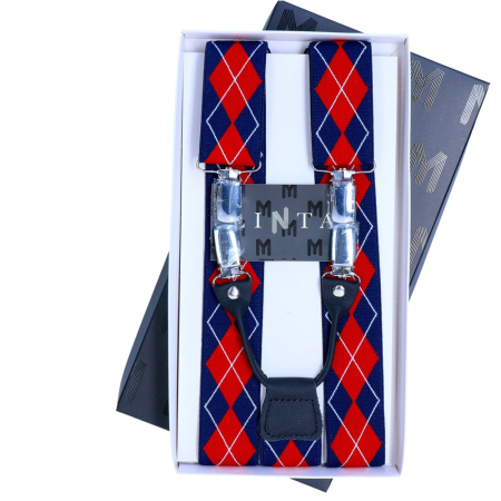 cravate papioane batiste bretele - Bretele barbati prindere 4 puncte LINTA bleumarin/rosu romburi