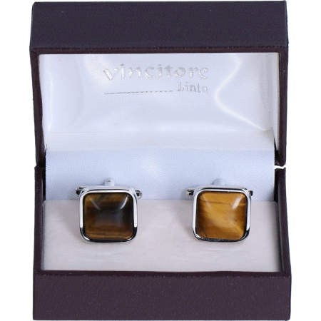 butoni ace cravata - Butoni camasa barbati LINTA argintiu ochi de tigru patrat