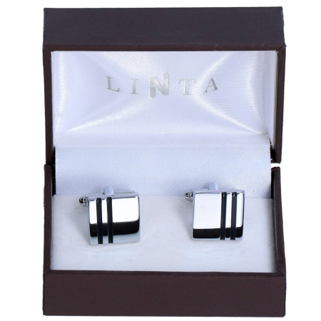 butoni ace cravata - Butoni camasa barbati LINTA argintiu dungi negre patrat