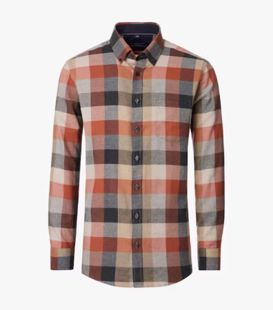 camasi maneca lunga - Camasa flanel bumbac barbati CASA MODA CasualFit carouri portocaliu/maro