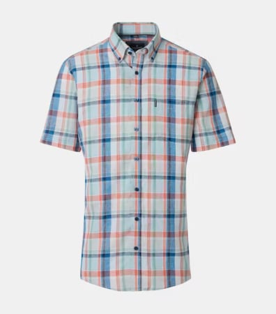 camasi casual - Camasa maneca scurta in/bumbac barbati CASA MODA albastru/portocaliu carouri
