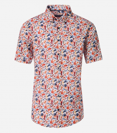 Camasi - Camasa bumbac maneca scurta barbati CASA MODA CasualFit portocaliu print crustacee