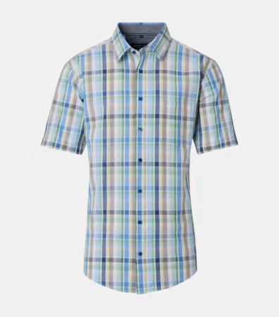 camasi croi comfort - Camasa maneca scurta bumbac creponat barbati CASA MODA ComfortFit verde carouri