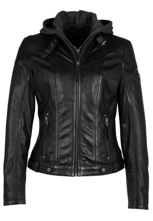 jachete piele - Jacheta biker piele gluga dama Regular MAURITIUS Cacey negru