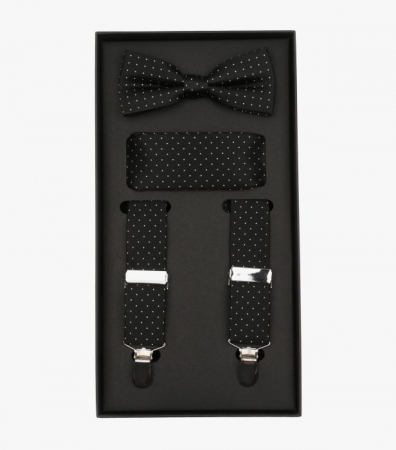 cravate papioane batiste bretele - Set bretele, papion si batista matase VENTI negru cu picatele