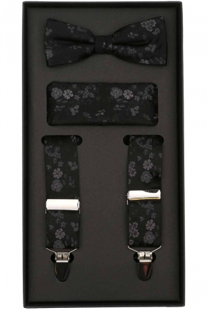 cravate papioane batiste bretele - Set bretele, papion si batista matase VENTI Evening negru print floral