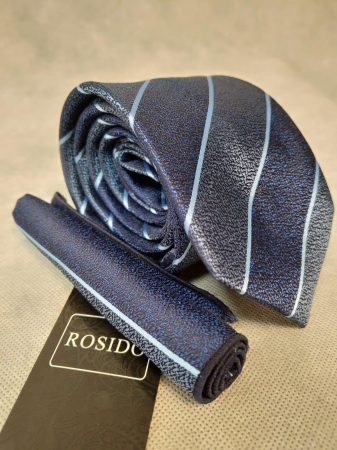 Accesorii - Set cadou cravata si batista barbati dungi bleumarin/gri
