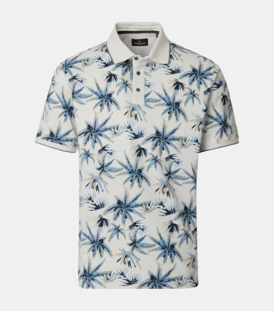 tricouri dupa stil - Tricou polo bumbac barbati CASA MODA alb crem print palmieri albastru