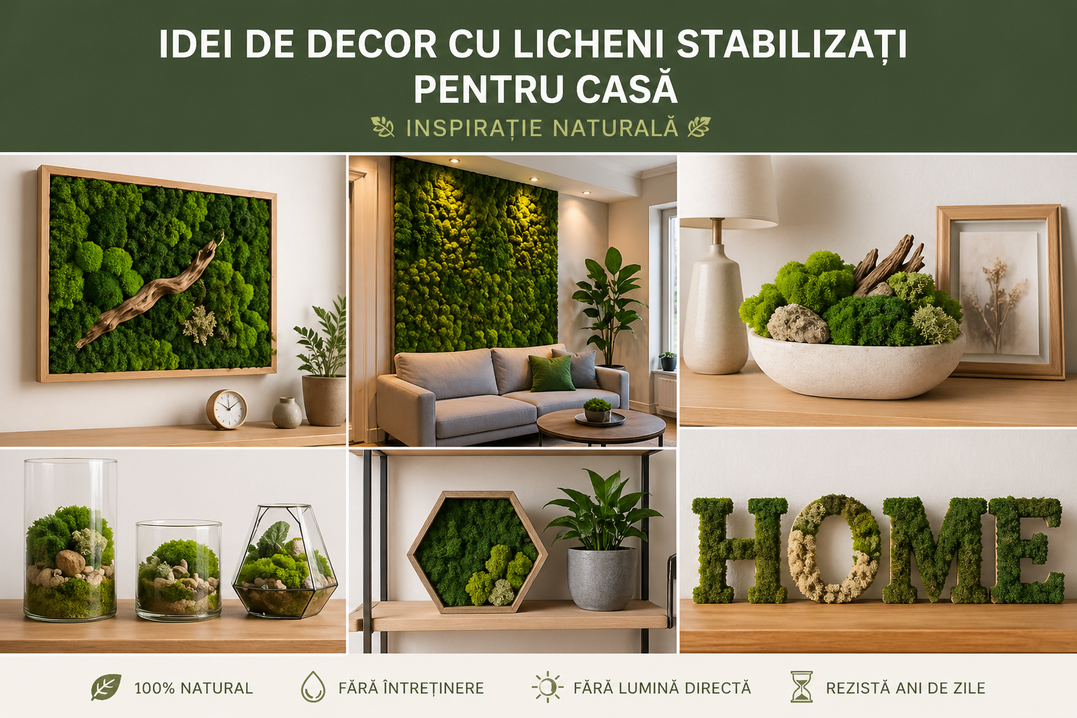 Idei de decor cu licheni stabilizați pentru casă – inspirație naturală