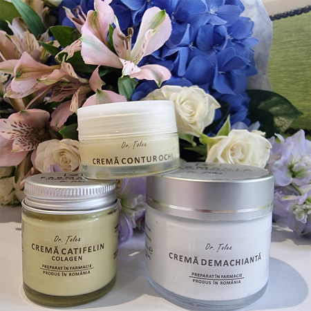 Pachet Ritual seara ten uscat: crema demachianta, crema Catifelin cu colagen, crema contur ochi