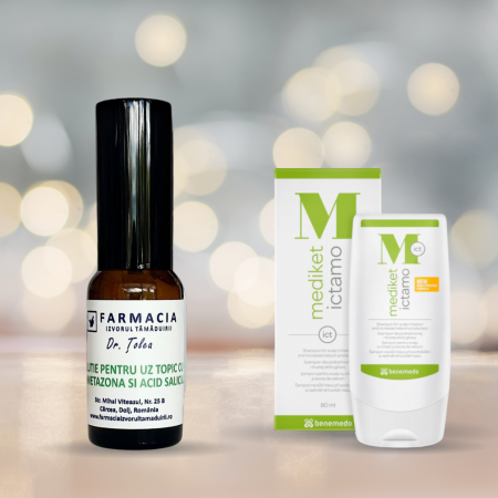 PACHETE PROMOTIONALE - Pachet Tratament Scalp – Solutie pentru uz topic cu betametazona si acid salicilic (Solutie de tip Diprosalic) + Mediket Ictamo