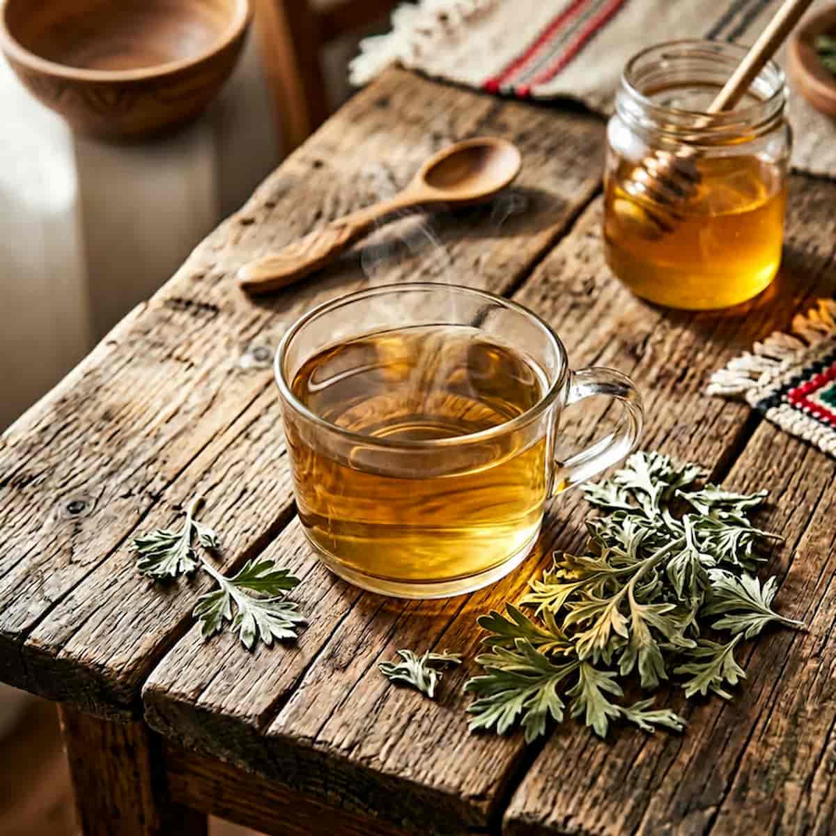 3 pelinita - Ceai de pelinita proaspat preparat in cana transparenta, cu planta uscata alaturi pe masa rustica