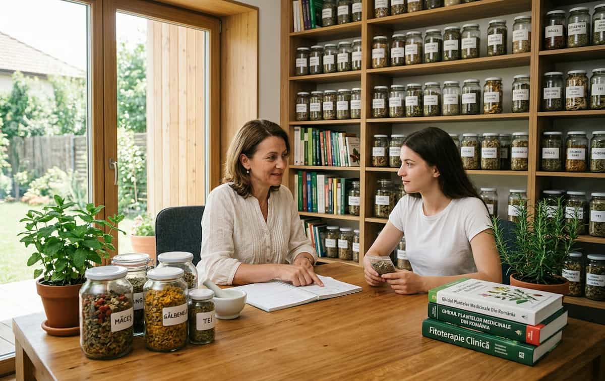 6 pelinita - Consultatie intre specialist in fitoterapie si pacient intr-un cabinet modern cu plante medicinale
