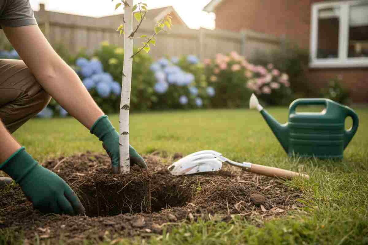 7. Cultivarea mesteacanului - plantare si ingrijire_Procesul de plantare a unui tanar mesteacan in gradina