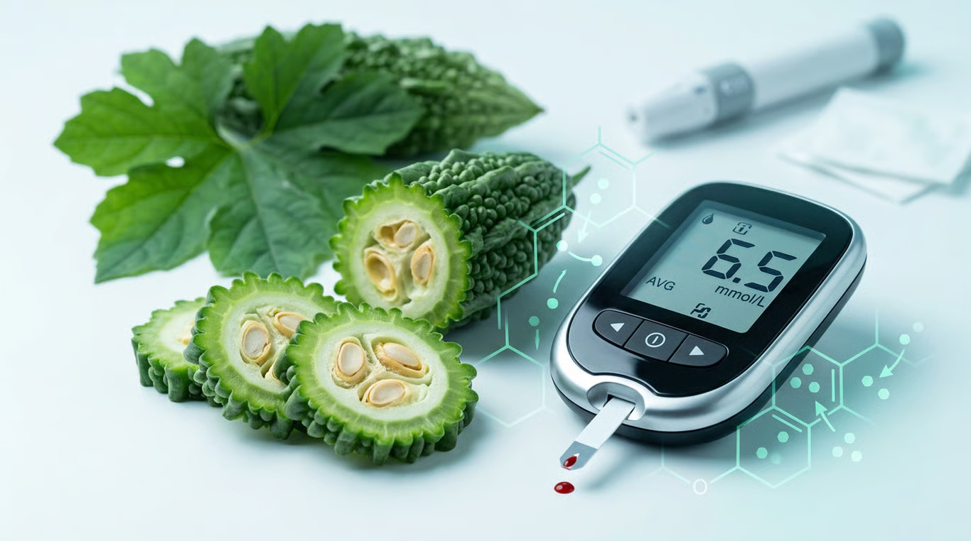 Beneficiile Momordica Charantia in diabet si reglarea nivelului de zahar din sange - glucometru si felii de castravete amar