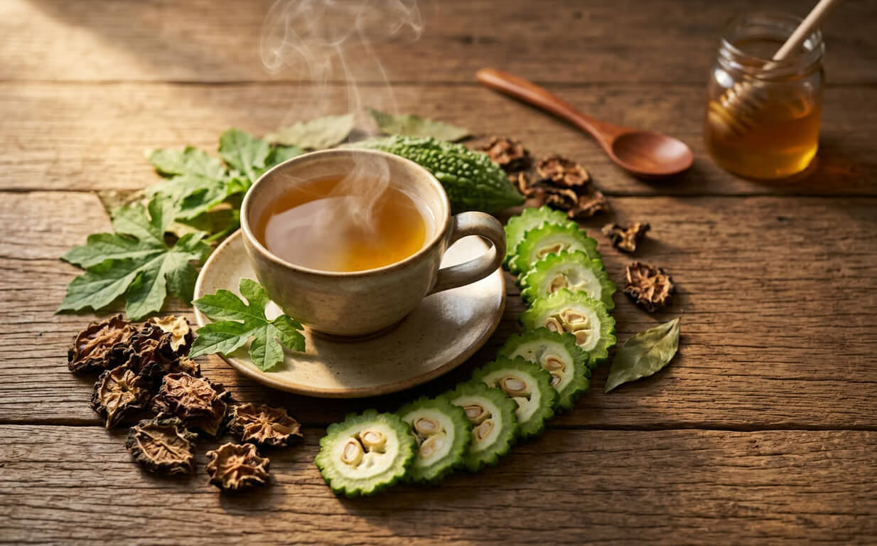 Cum se consuma castravetele amar - ceasca cu ceai aburind, felii de castravete verde proaspete si uscate, borcan cu miere