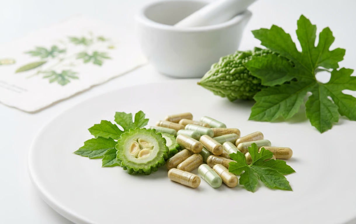 Momordica Charantia pastile si suplimente - Capsule de supliment cu extract de Momordica charantia prezentate alaturi de fructul proaspat de castravete amar