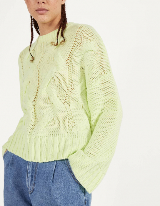 pulover tricotat verde neon bershka [3]