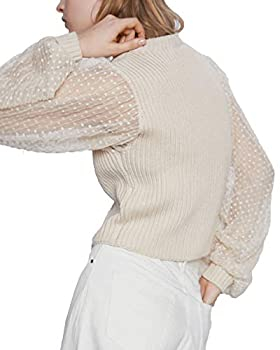 pulover tricotat crem zara cu maneci transparente cu buline [3]