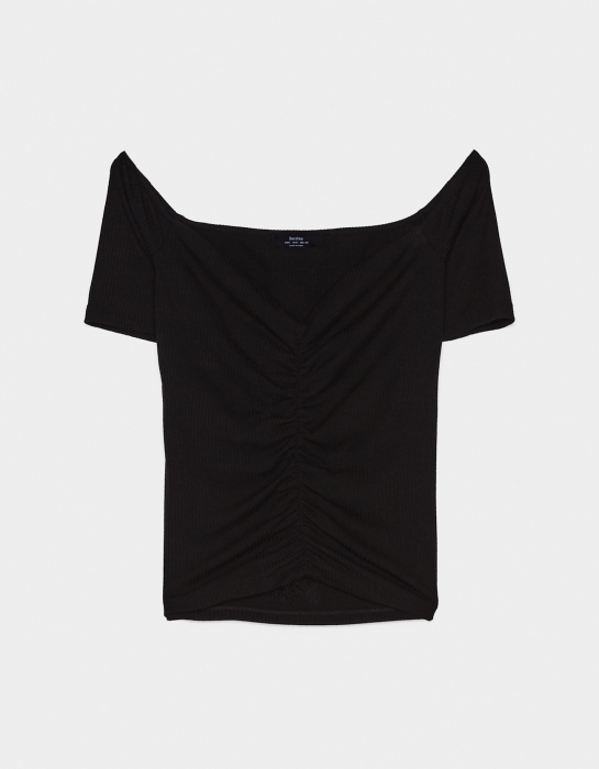 tricou femei bershka negru cu model, [4]