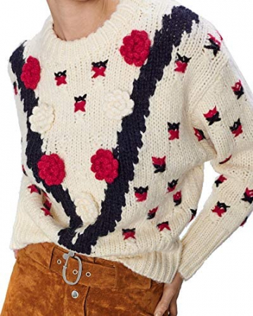 pulover tricotat crem zara cu detalii negre si rosii [2]