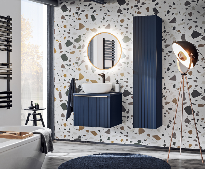 Dulap baie inalt bleumarin MDF Santander Deep Blue 35x160 cm cu maner auriu. [9]