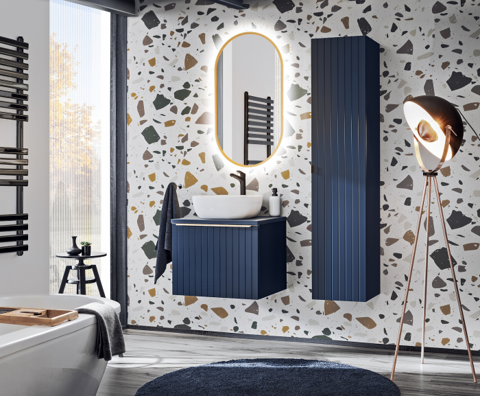 Dulap baie inalt bleumarin MDF Santander Deep Blue 35x160 cm cu maner auriu. [10]