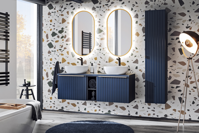 Dulap baie inalt bleumarin MDF Santander Deep Blue 35x160 cm cu maner auriu. [8]