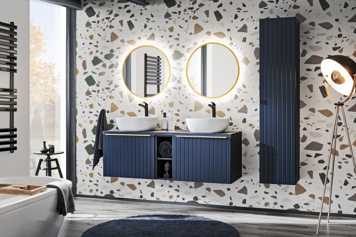 Dulap baie inalt bleumarin MDF Santander Deep Blue 35x160 cm cu maner auriu. [7]