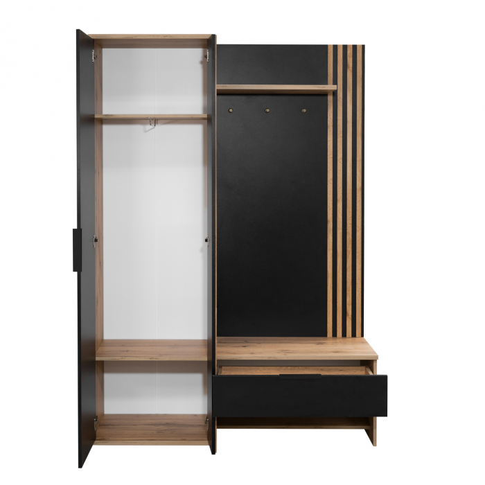 Dulap Hol Milano cu Elemente Decorative Tip Lamele, 140x40x200 cm, Stejar Wotan/Alb [3]