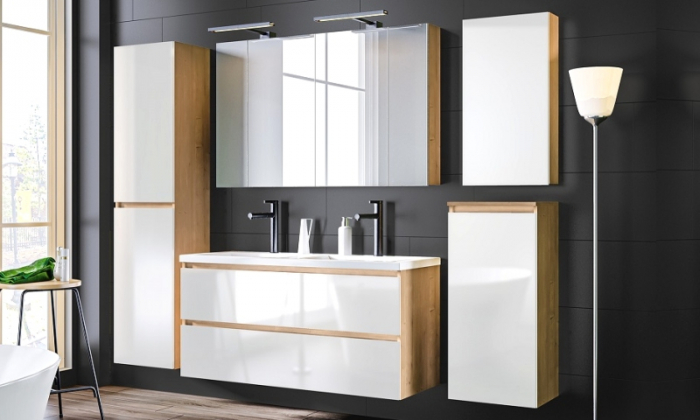 Masca baie Monako white oak 80 cm, alb lucios cu stejar [2]