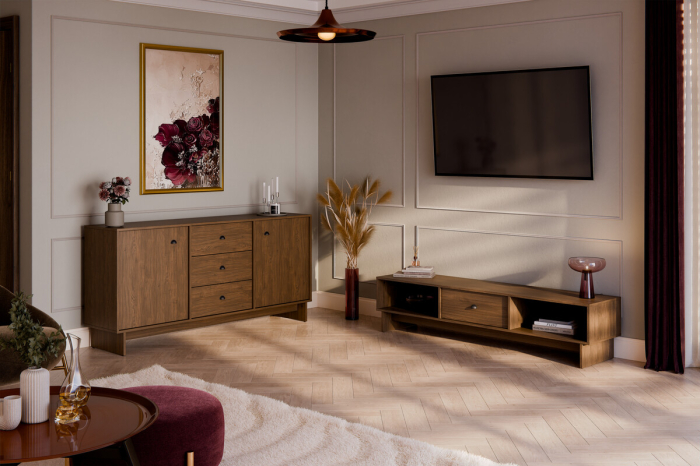 Yora Villa Comodă – comodă living cu sertare și uși, decor Nuc Villa [4]