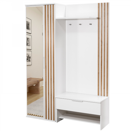 Comode - Dulap Hol Milano cu Elemente Decorative Tip Lamele, 140x40x200 cm, Stejar Wotan/Alb