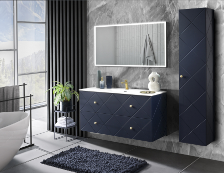 Colectia Elegant Blue - Set Mobilier Baie Suspendat Bleumarin Elegant Blue 120 cm Mdf Cu Manere Aurii, Lavoar Incastrat