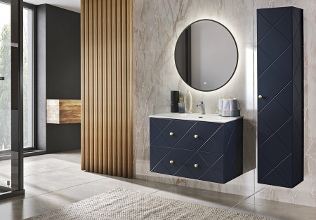 Colectia Elegant Blue - Set Mobilier Baie Suspendat Bleumarin // Elegant Blue 90 cm Mdf Cu Manere Aurii, Lavoar Incastrat