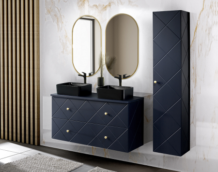 Colectia Elegant Blue - Set Mobilier Baie Suspendat Bleumarin// Elegant Blue II 120 cm Mdf cu Manere Aurii, Lavoare Aplicate