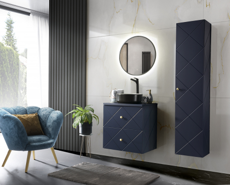 Colectia Elegant Blue - Set Mobilier Baie Suspendat Bleumarin // Elegant Blue  II 60 Cm Mdf Cu Maner Aurii, Lavoar Aplicat