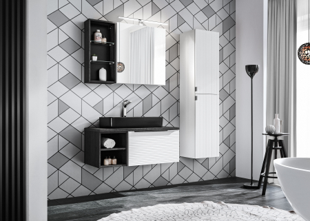 Colectia Leo White - Set MOBILIER BAIE SUSPENDAT Leo WHITE II 90 CM, ALB, LAVOAR APLICAT NEGRU