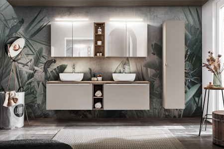 Mobilier - Set MOBILIER BAIE SUSPENDAT Santander TAUPE 180 CM, GRI LUT LUCIOS, EXTENSIE MASCA LAVOAR + EXTENSIE DULAP OGLINDA