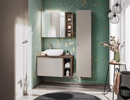 Mobilier - Set MOBILIER BAIE SUSPENDAT Santander TAUPE 80 CM, GRI LUT LUCIOS, CU EXTENSIE MASCA LAVOAR SI EXTENSIE DULAPIOR OGLINDA