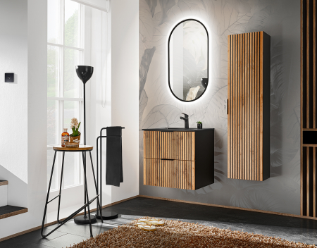 Colectia Xiy Black - Set MOBILIER BAIE Xiy 60 CM, MDF RIFLAT, CULOARE STEJAR CU INSERTII NEGRE, LAVOAR INCASTRAT