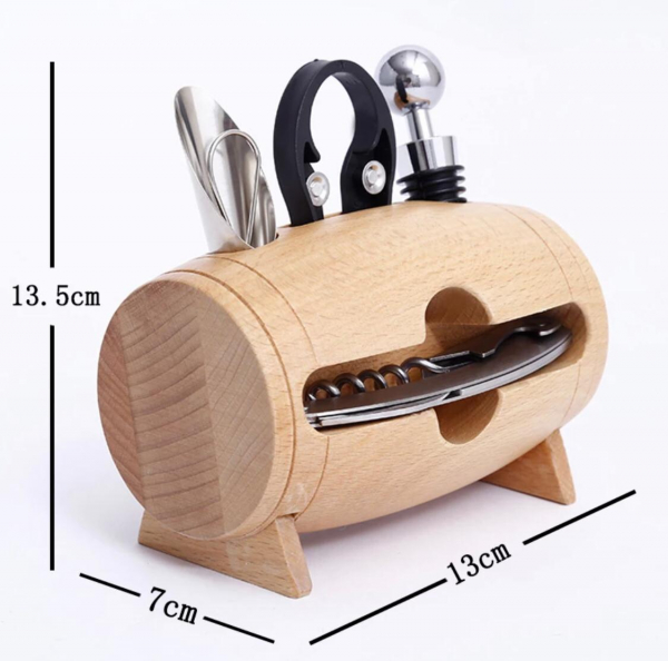 Set 4 piese din oțel inoxidabil de deschidere pentru sticle de vin cu suport tip butoi din lemn [7]