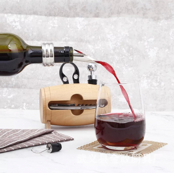 Set 4 piese din oțel inoxidabil de deschidere pentru sticle de vin cu suport tip butoi din lemn [3]
