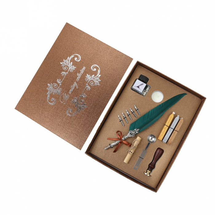 Set de cerneala de scris stilou cu pene, caligrafie vintage, sigilare cu ceara, stampila, birou, tip cadou [3]