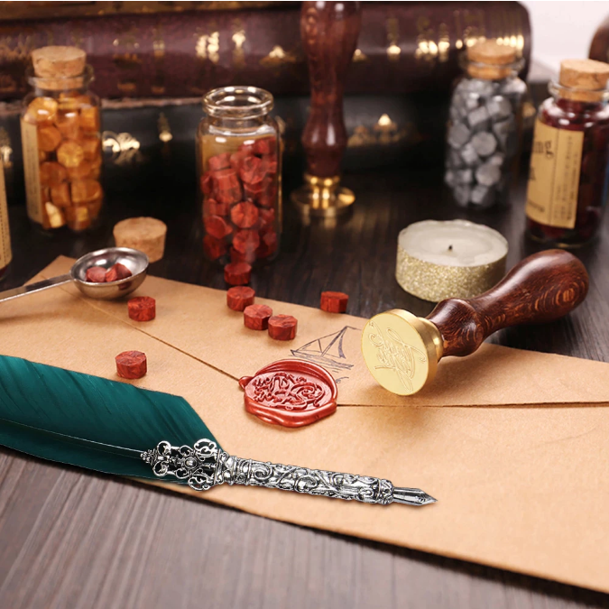 Set de cerneala de scris stilou cu pene, caligrafie vintage, sigilare cu ceara, stampila, birou, tip cadou [6]