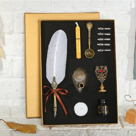 Set de cerneala de scris cu stilou de caligrafie vintage de lux, stilou, calimara, cadou de papetarie, cu 5 pene [4]