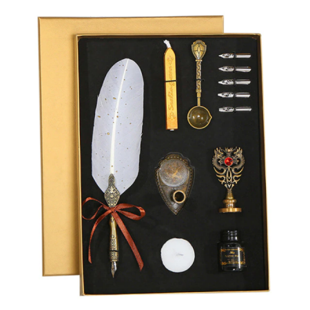 Ștampile - Set de cerneala de scris cu stilou de caligrafie vintage de lux, stilou, calimara, cadou de papetarie, cu 5 pene