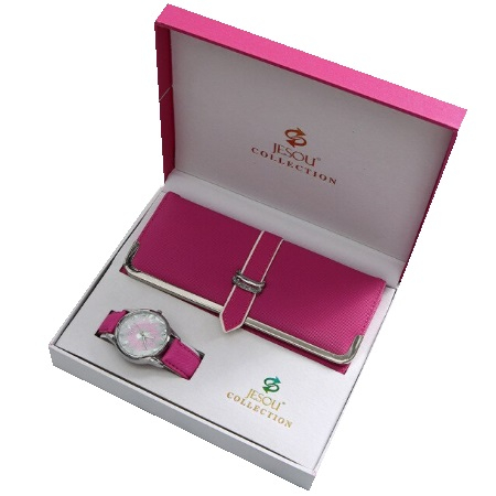 Set 2 buc ceas si portofel piele pentru femei , culoare roz [0]